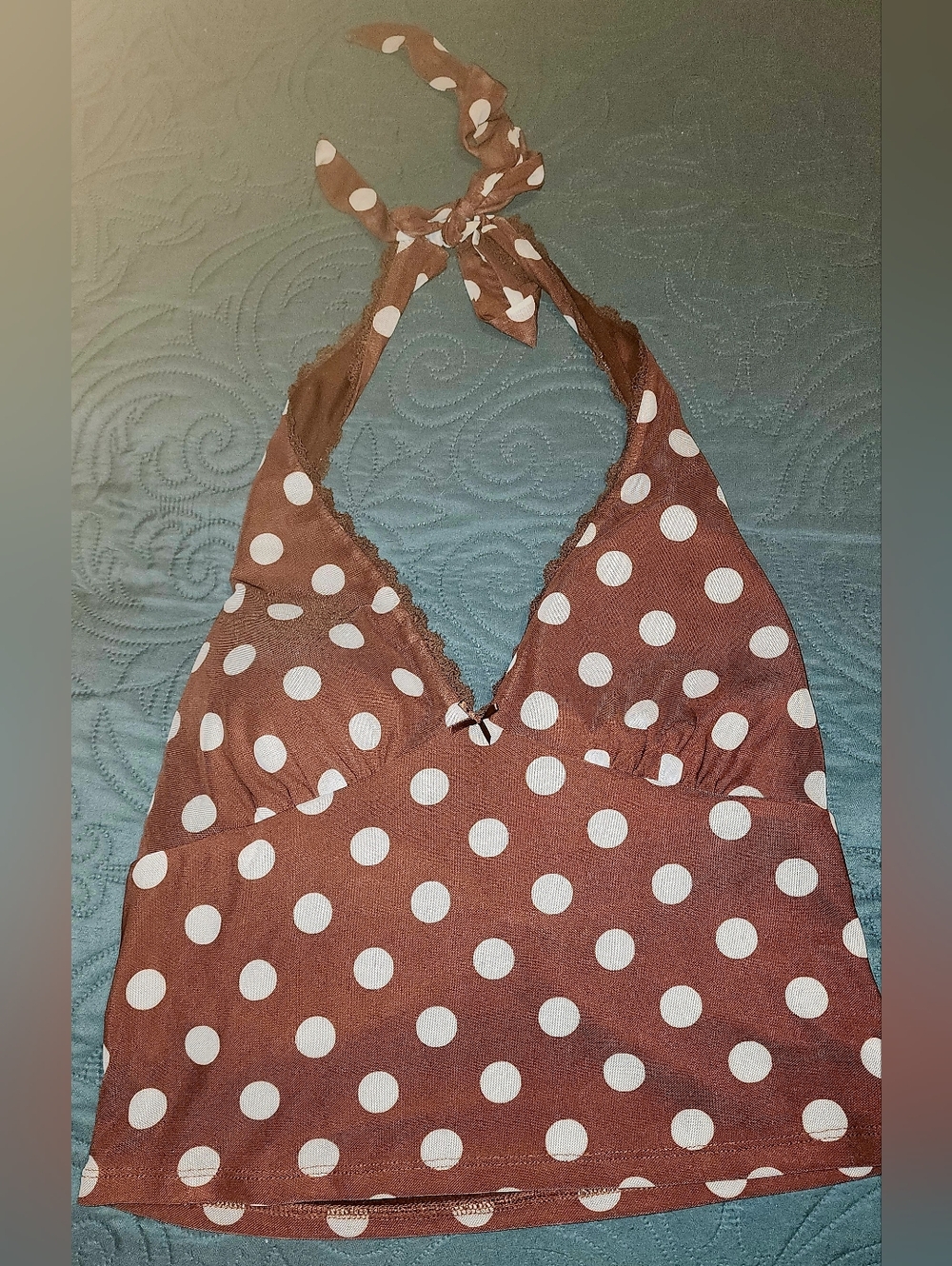 Polka Dot Halter Tank Top - Brown & Lt Blue Size L